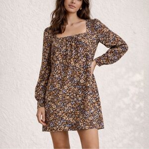 Reformation Blake Floral Mini Dress Brown Blue Square Neck Long Sleeve Medium
